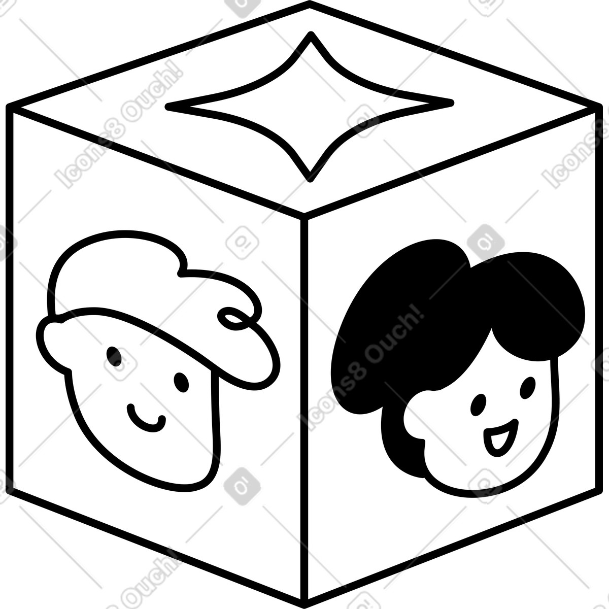 Ilustração de Cube with happy boy face girl and sparkle symbol em no estilo Notion Line Art para baixar em PNG, SVG