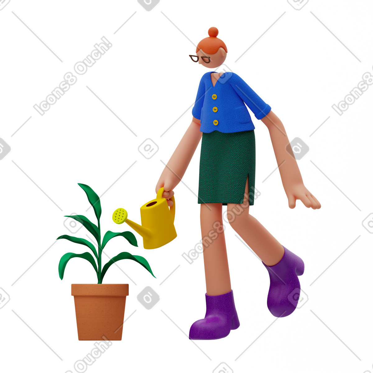 Ilustração animada de Mulher regando planta com regador em GIF, Lottie (JSON), AE