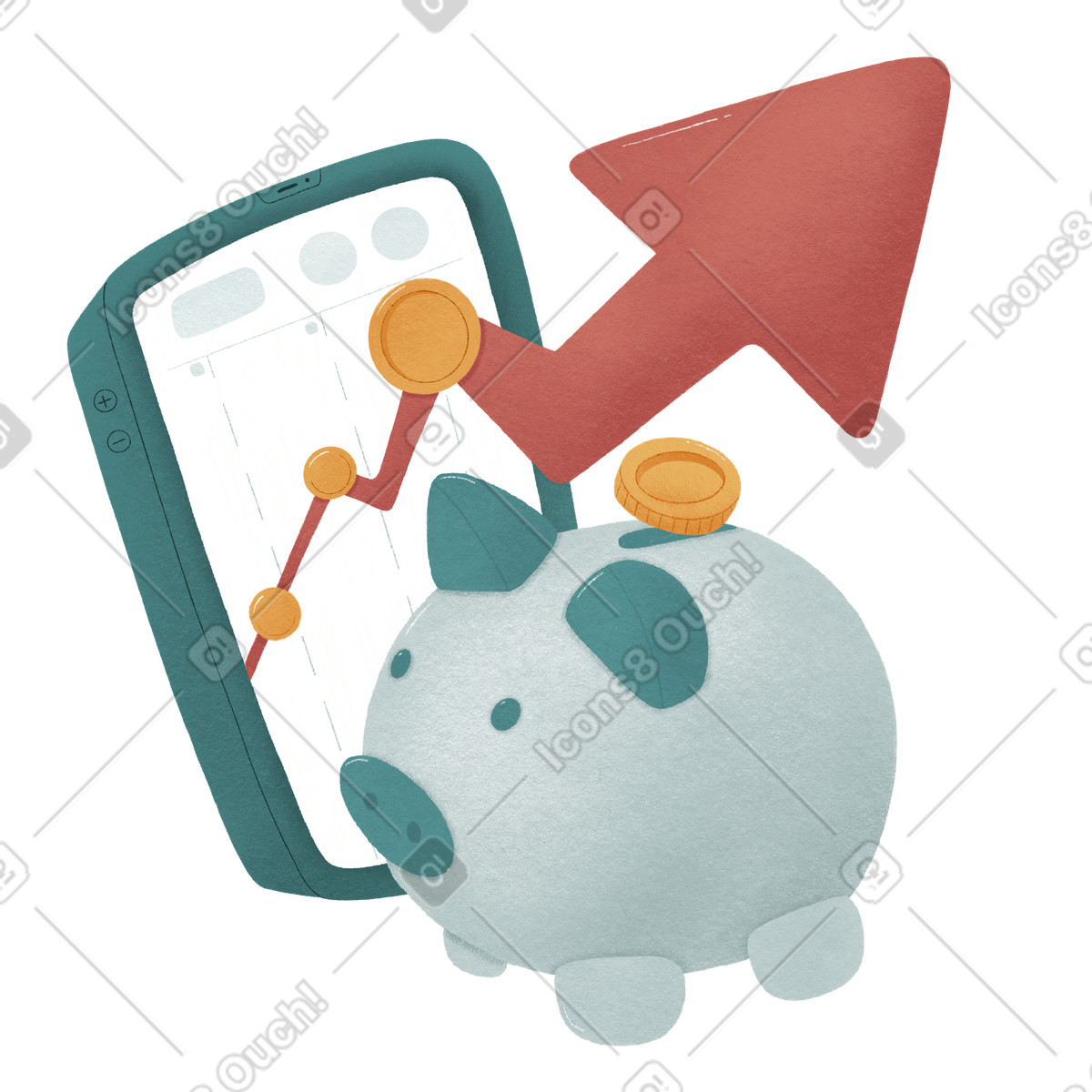 Telefon mit wachsendem diagramm und sparschwein, das investitionswachstum zeigt-Illustration im Woolly-Stil als Download in PNG, SVG