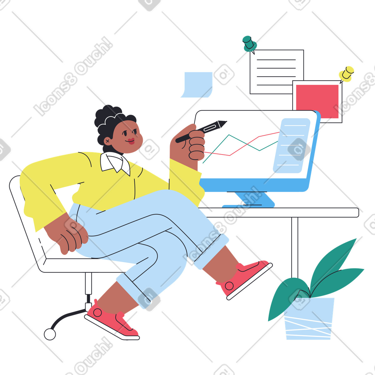 Office worker analyzing graph on computer monitor, data visualization and reporting illustration in PNG, SVG