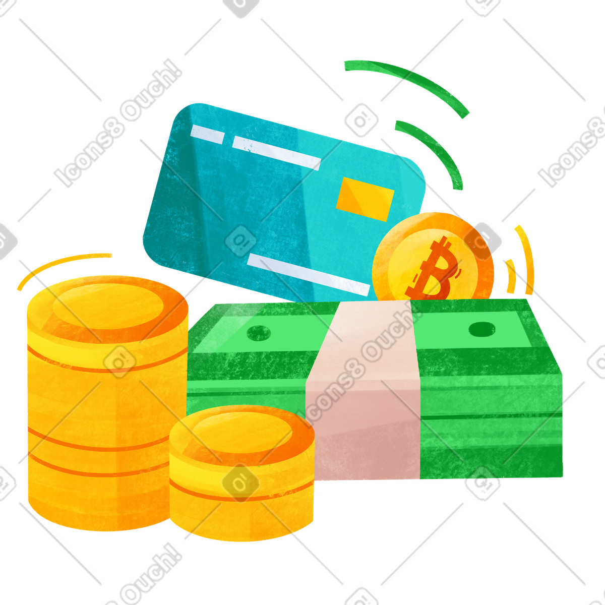 Coins, banknotes, card, and bitcoin, Digital traditional payment options illustration in Bonbon style download in PNG, SVG