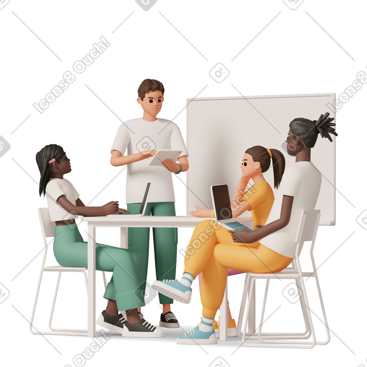 Gruppo di giovani che discutono qualcosa mentre lavorano illustrazione in stile 3D Casual life scarica in PNG, SVG