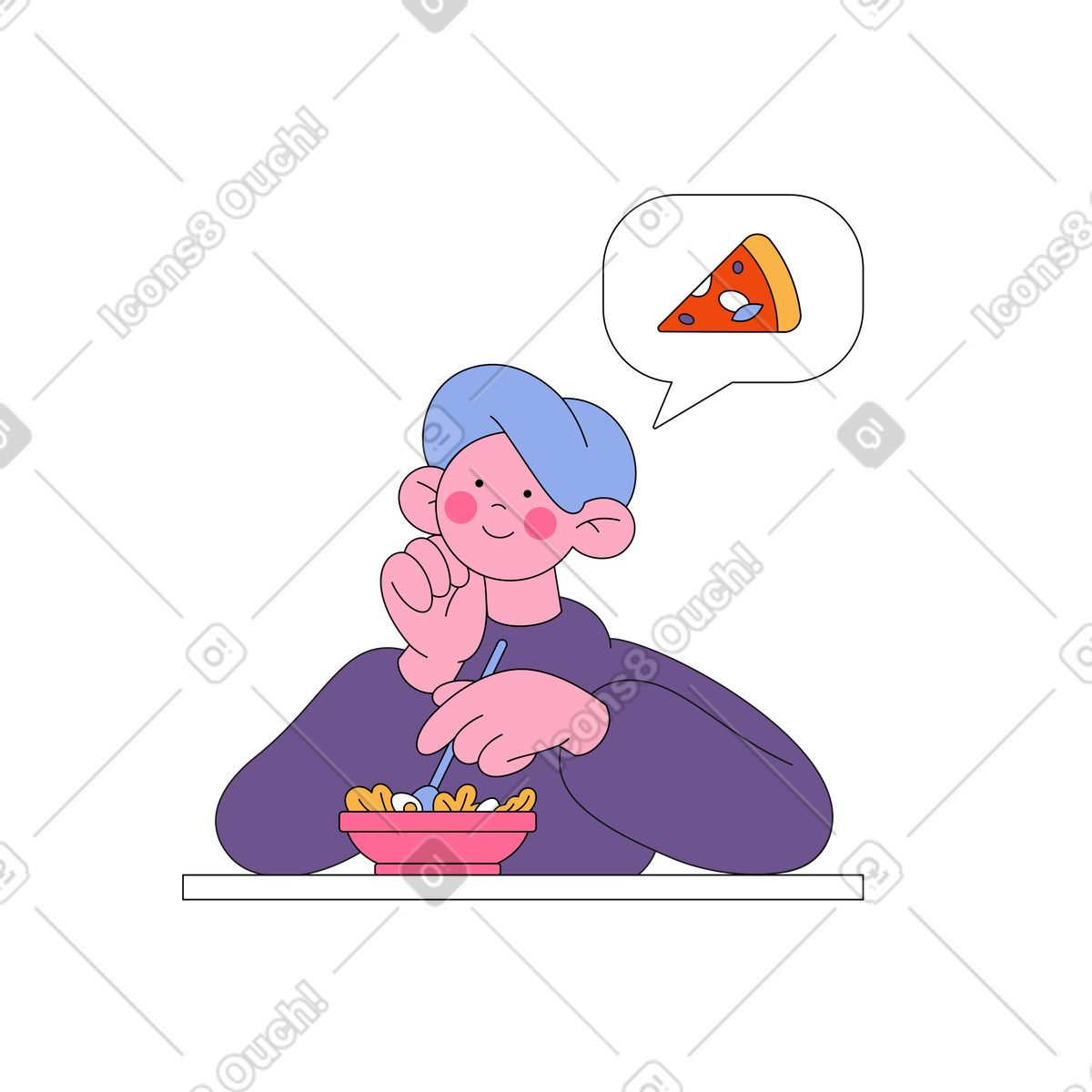 Guy mangia un'insalata e sogna una pizza illustrazione in stile Bloom scarica in PNG, SVG
