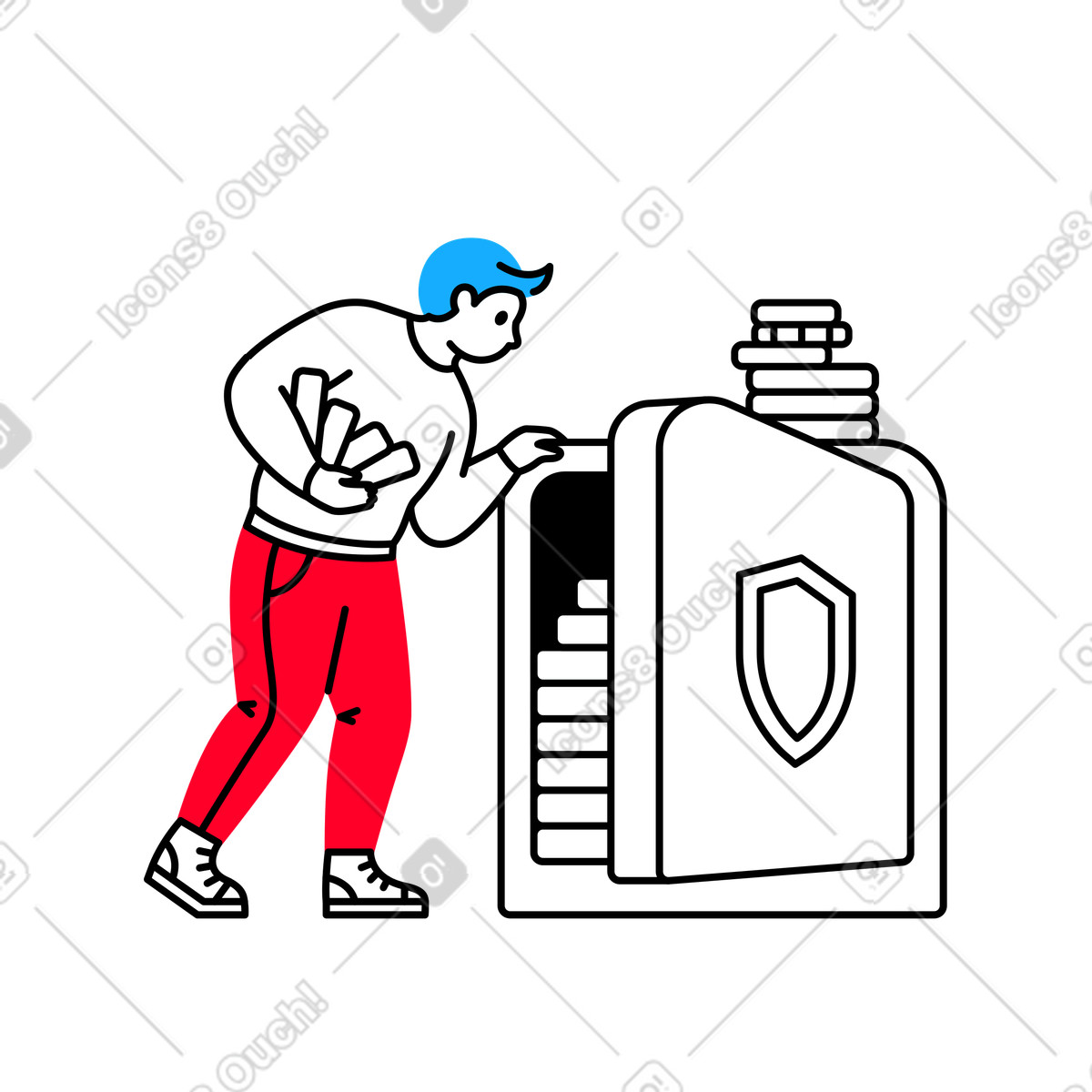 下载 Transistor 风格的 男子将硬币放入半开的保险箱 插画，支持 PNG、SVG 格式