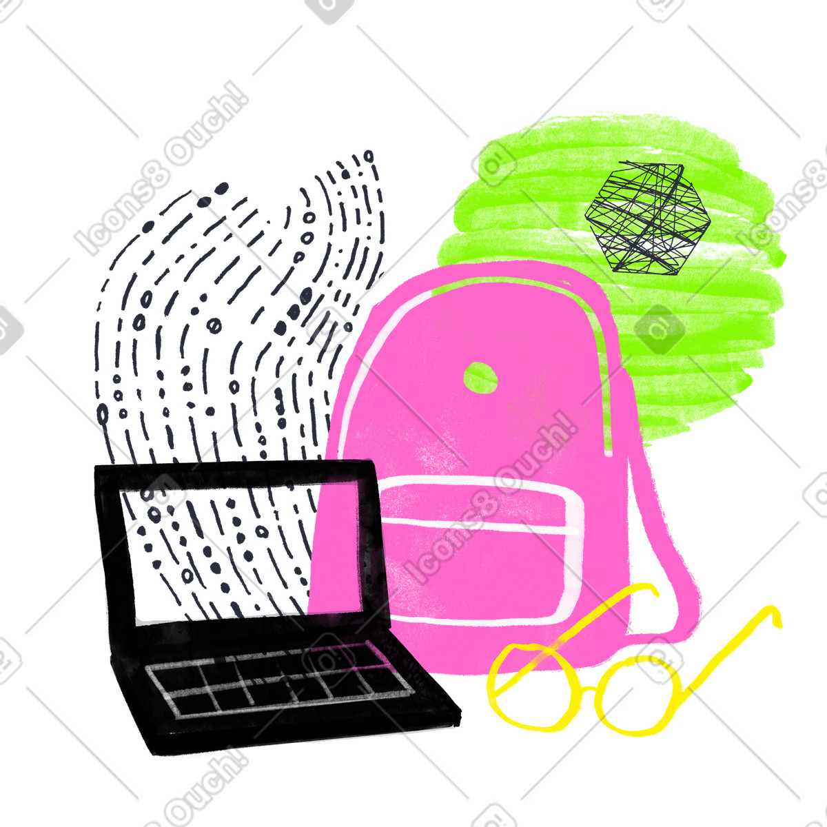 Zaino porta pc e occhiali con elementi grafici illustrazione in stile Inky scarica in PNG, SVG