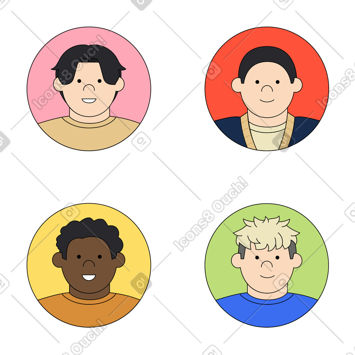 Set di avatar maschili illustrazione in stile Kindy scarica in PNG, SVG