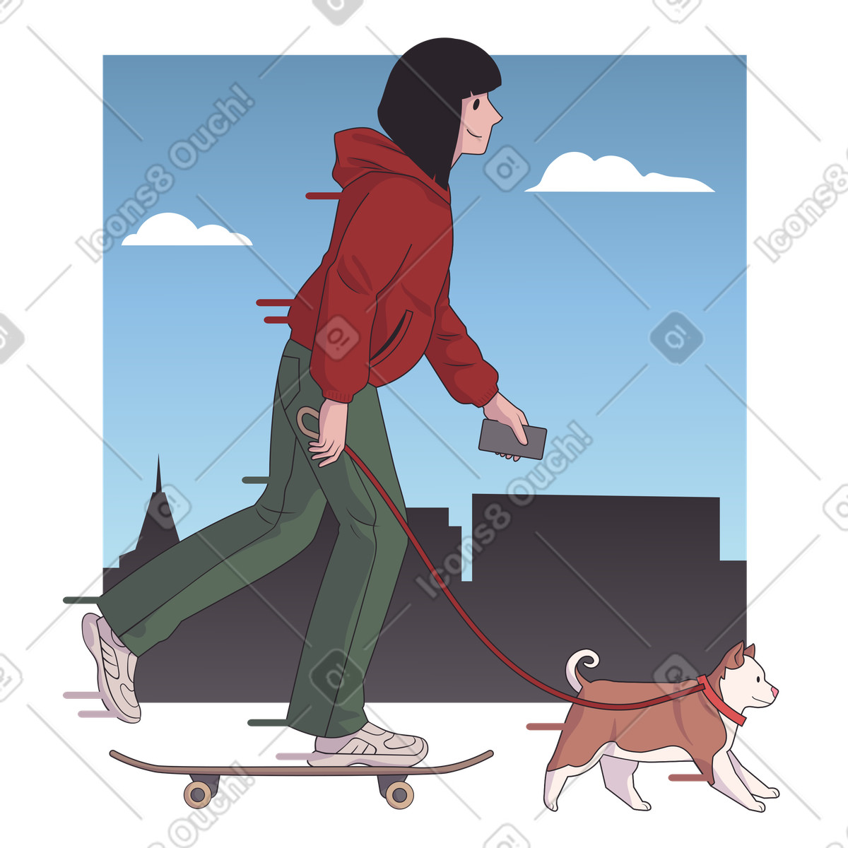 Donna su skateboard che porta a spasso il suo cucciolo illustrazione in stile Eastwood scarica in PNG, SVG