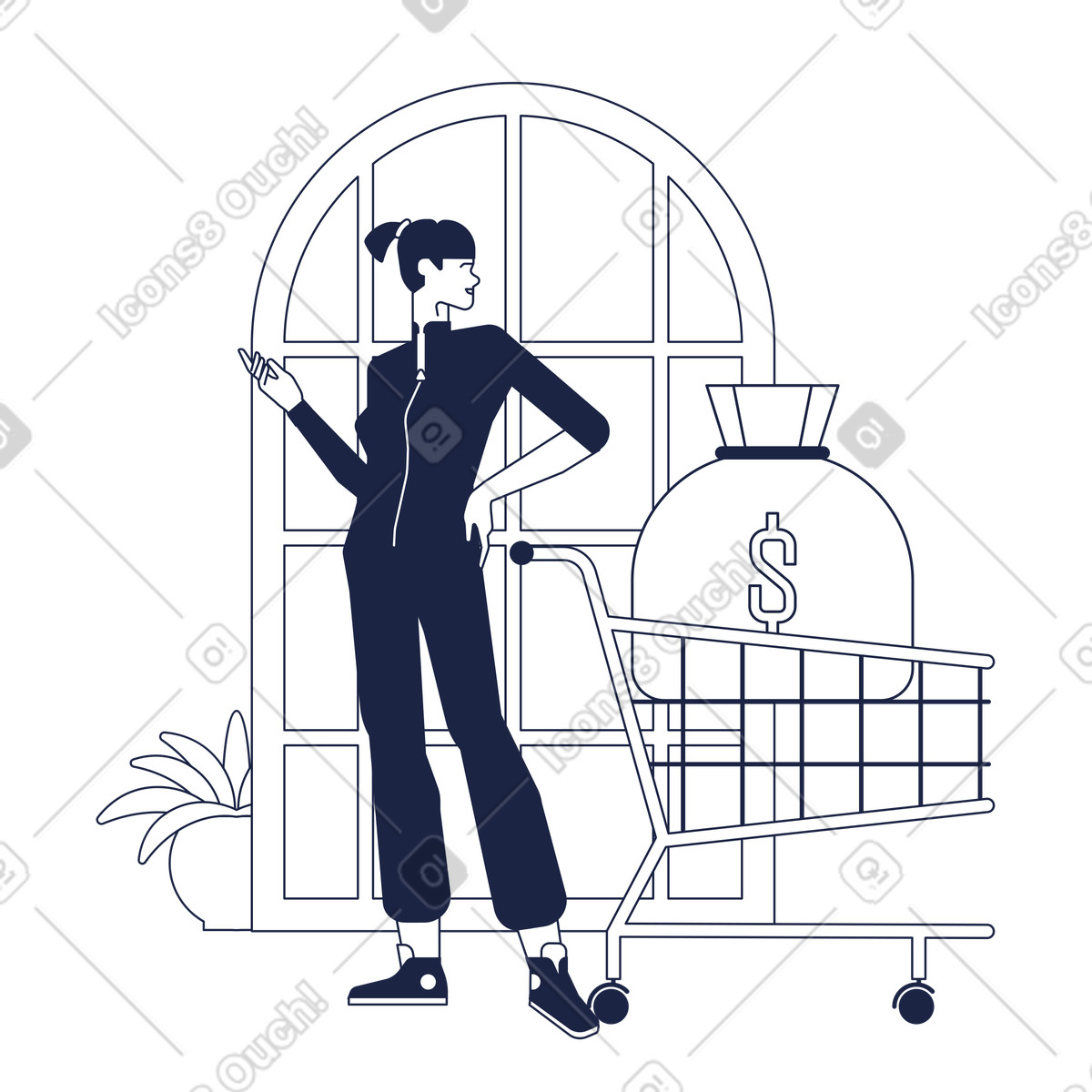 Woman with shopping cart and sack of money illustration in Urban Line style download in PNG, SVG
