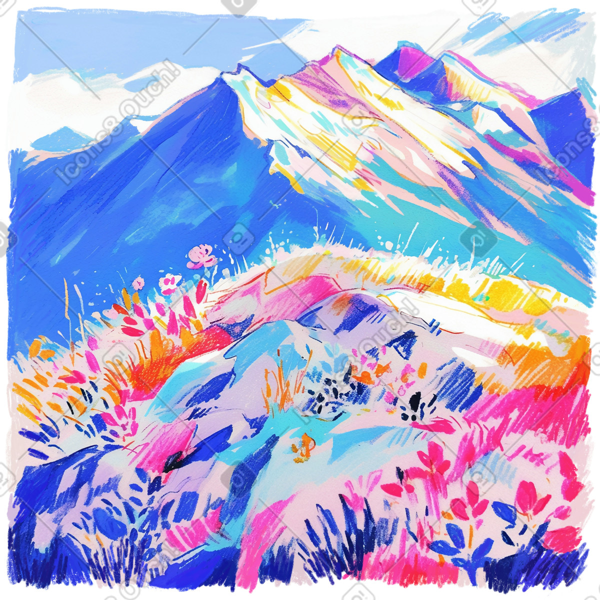 Pencil drawing of colorful mountains and wildflowers illustration in Fuchsia style download in PNG, SVG