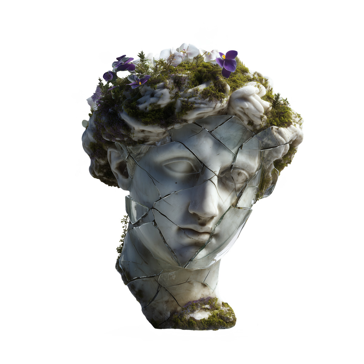 Biomorphic 스타일의 Ancient statue bust covered in greenery and cracks, Resilience growth 일러스트레이션 PNG, SVG 다운로드