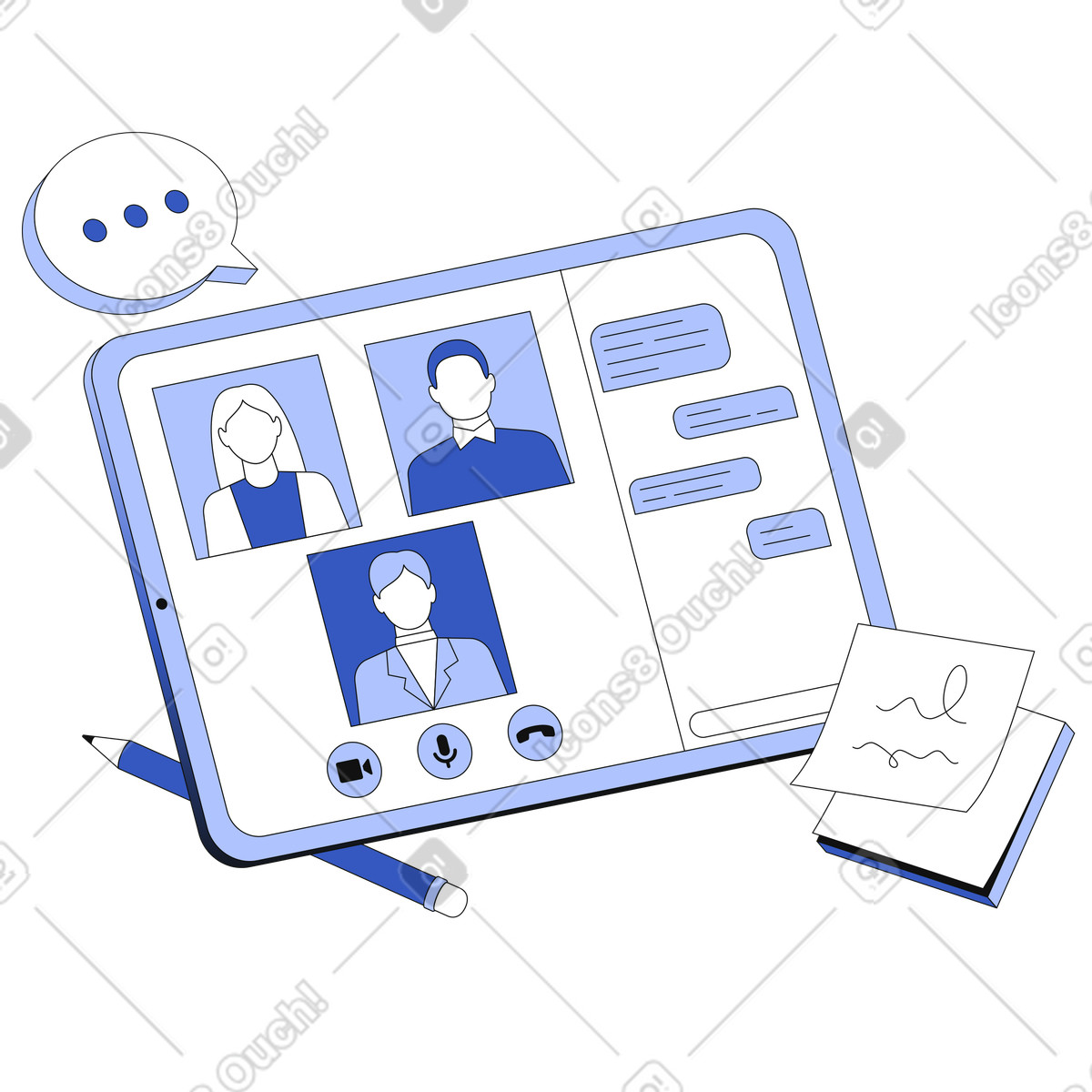 Online video conference on tablet, Remote team interaction and collaboration illustration in Techny style download in PNG, SVG