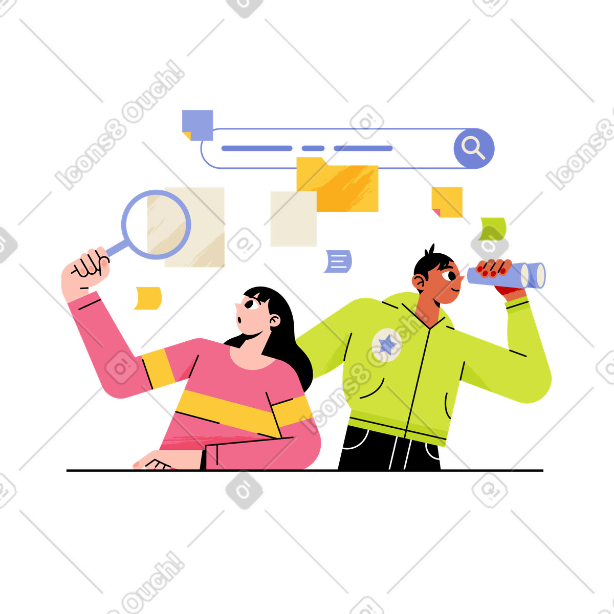 Ragazza e ragazzo alla ricerca dei file giusti illustrazione animata in stile Juicy scaricabile in GIF, Lottie (JSON), AE