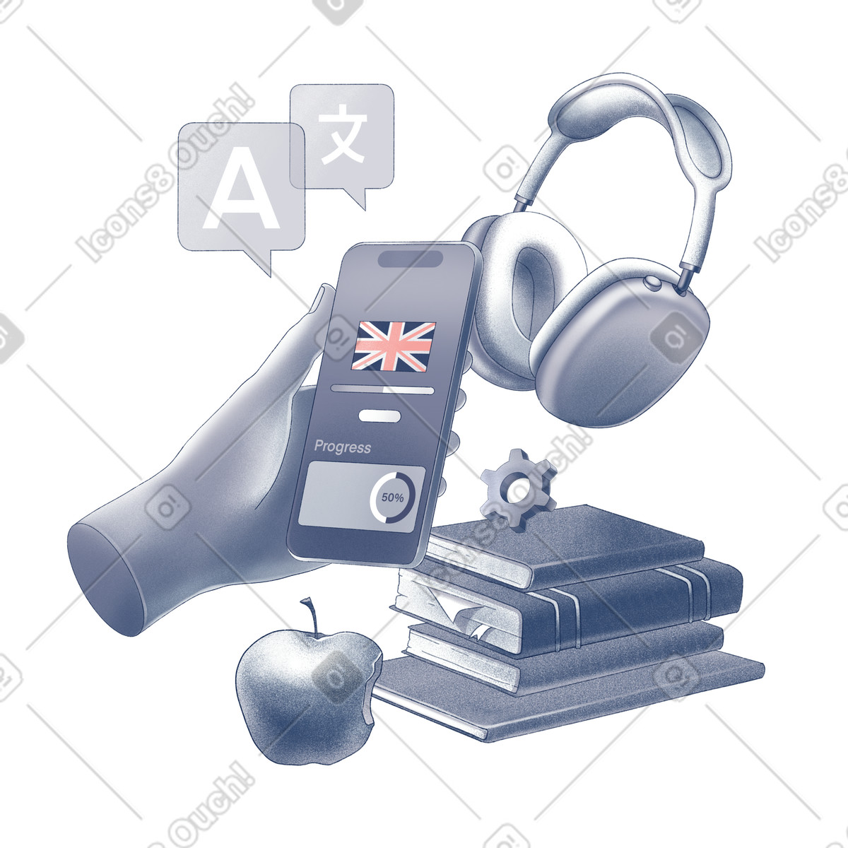 Learning languages ​​in the app illustration in Haze style download in PNG, SVG