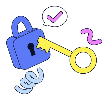 A key unlocking a padlock with a checkmark - Flexy style illustration