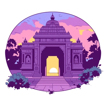 An intricately designed entrance of an ancient Indian temple is illuminated by the warm light of a sunset. The temple's architecture features detailed carvings and sculptures depicting various deities. The entrance is framed by ornate pillars, showcasing intricate motifs. The sky is filled with vibrant hues, casting shadows on the temple's stone facade. A pathway leads up to the entrance, lined with lush greenery and blooming flowers, enhancing the serene atmosphere.