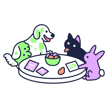 A group of various pets is gathered around a small round table. There is a playful golden retriever sitting on one side, with its tongue out and tail wagging. On the opposite side, a curious black cat is perched attentively, its ears perked up. Next to the dog, a mischievous rabbit is nibbling on a carrot. The table is covered with colorful quiz cards featuring different questions, some are stacked in a neat pile while others are scattered about. A green bowl filled with treats is placed at the center of the table, with a few treats lying on the surface. The scene shows the pets engaged, as if they are pondering the quiz together.