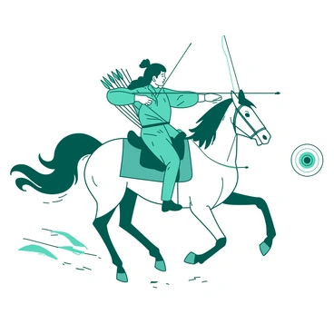 An archer performing horseback archery, galloping while aiming at a moving target