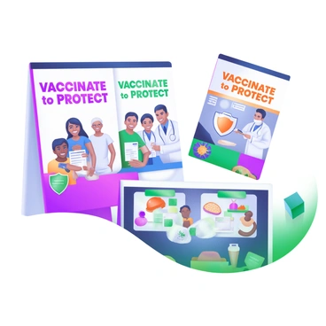 A series of posters emphasizing the importance of vaccinations in public spaces is displayed. Each poster features the phrase "Vaccinate to Protect" in bold, colorful letters. One poster shows a diverse group of people, including a child and an elderly person, smiling while holding vaccination cards. Another poster depicts a vaccination clinic, with healthcare professionals administering vaccines to individuals. A third poster includes a graphic of a shield symbolizing protection, surrounded by vibrant illustrations of community activities, such as a picnic and a sports event, all in a bright, inviting color palette.