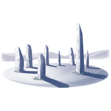 A group of tall menhirs arranged in a circular formation, each stone varying in height and shape, with rough, weathered surfaces. They are set in an expansive open field with grass covering the ground, occasionally dotted with wildflowers. The sky above is clear, revealing a bright expanse. In the distance, gentle rolling hills provide a backdrop to the ancient site. The stones cast elongated shadows on the ground, emphasizing their imposing presence and the timelessness of the scene.