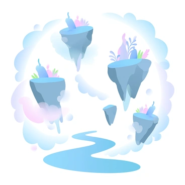 A surreal landscape features multiple floating islands suspended in the air, each island showcasing unusual formations like twisted rock spires and vibrant plant life. Below the islands, cascading waterfalls drop from the edges, creating misty clouds around the bases. The sky is filled with soft pastel colors, blending seamlessly into one another, while wispy clouds drift lazily across the scene. The foreground includes a winding river that reflects the colors of the sky and islands above. Each element contributes to a dreamlike atmosphere, inviting exploration and wonder.