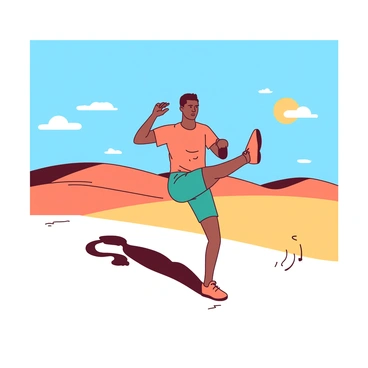 An individual is performing donkey kicks on a sandy surface in the middle of a vast desert landscape. The individual is wearing a bright orange sports top and teal shorts. The sun is shining brightly, casting long shadows in the sand. In the background, there are rolling dunes that blend into the horizon, and the sky is a deep blue, with a few fluffy white clouds scattered above. The sand is smooth and untouched, creating a stark contrast with the vibrant colors of the individual's outfit.
