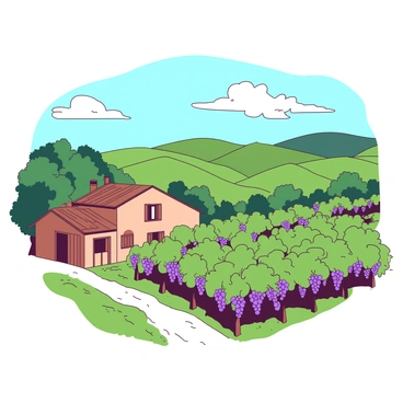 A duotone illustration of a Tuscan vineyard features rolling green hills gently undulating in the background. In the foreground, a rustic farmhouse made of warm brown stone is surrounded by lush grapevines laden with ripe purple grapes. The farmhouse has a terracotta roof and wooden shutters that are slightly ajar, revealing a glimpse of the interior. Fluffy white clouds drift across a blue sky, and a dirt path leads from the farmhouse through the vineyard, inviting viewers to explore the serene landscape.