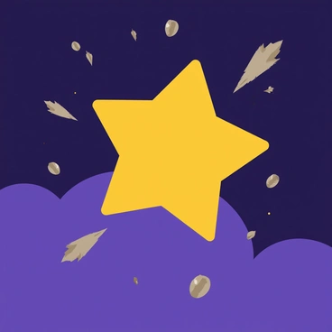A bright yellow star shaped like a classic five-pointed star is free-falling from the sky. The star is surrounded by a shower of gray and brown meteorites, each with distinct jagged edges. The background has a gradient of deep blue and purple, representing the night sky. The meteorites vary in size, some small and others larger, as they streak downward in different directions. The scene captures the dynamic movement of the falling star and the meteorites.