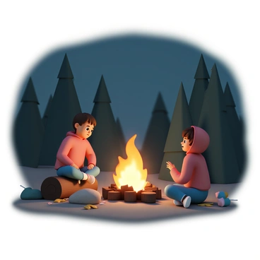 A young child, wearing a red hoodie and blue jeans, is sitting cross-legged on a log near a glowing campfire. The campfire crackles with bright orange flames, illuminating the child's face. Surrounding the campfire are tall trees with dark silhouettes against the night sky. The child is looking intently at an adult storyteller, who is animatedly sharing tales. A few colorful marshmallow sticks are resting on a nearby rock, and the ground is covered with fallen leaves, adding to the cozy camp atmosphere.