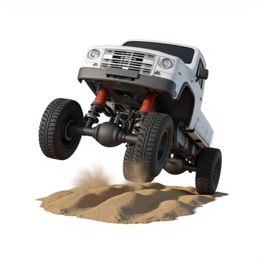 A detailed view of a truck's suspension system, showcasing the various components like the shock absorbers, leaf springs, and axles. The suspension is depicted in motion, flexing as it navigates over a bumpy road with visible dips and rises. Dust is kicked up from the tires, and the road surface is uneven, illustrating the rugged conditions. The truck's body is shown elevated slightly, demonstrating the impact of the bumps on the suspension system.