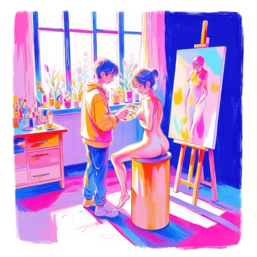 An artist is standing at an easel in a sunlit studio. The artist has a focused expression and is using a palette of vibrant colors. In front of the artist, a nude model is posed gracefully on a wooden stool. Light filters through large windows, illuminating the model's form and casting soft shadows on the floor. The studio is decorated with a variety of art supplies, including brushes, canvases, and an assortment of vibrant paints. A large canvas displays the artist's progress, showcasing the beauty of the human form.