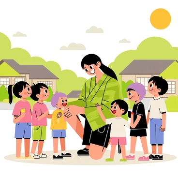 Tanjiro is depicted with a warm smile, kneeling down to engage with a group of children in his village. He has a short, dark green haori with a checkered pattern and long black hair tied back. The children, a mix of boys and girls, are gathered around him, some reaching out to touch his sleeve while others laugh joyfully. The setting showcases a quaint village with traditional wooden houses and lush greenery in the background. The sun is shining brightly, casting soft shadows on the ground, creating a cheerful atmosphere.
