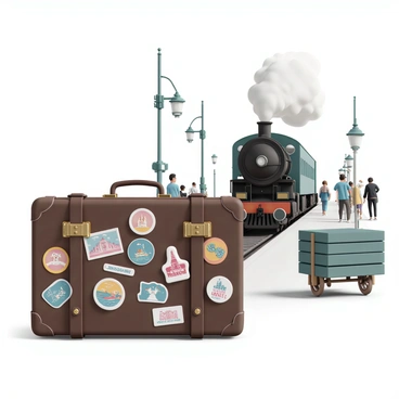 A vintage suitcase, crafted from leather and featuring worn edges, sits prominently beside a train station platform. The suitcase is adorned with an array of colorful travel stickers from various destinations around the world, showcasing iconic landmarks and playful designs. The platform is bustling with activity, with passengers waiting for their trains. In the background, an old-fashioned train can be seen approaching, its steam billowing into the air, creating a nostalgic atmosphere. The scene is filled with details such as wooden benches, old-fashioned lampposts, and vintage luggage carts, enhancing the travel theme.