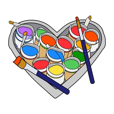 A large heart shape formed by an assortment of art supplies. The heart is filled with vibrant paints in small jars, ranging from bright blue to deep red. Various brushes are positioned around the heart, some with colorful bristles and others with wooden handles. Each item has a small label attached, clearly identifying it. The background is a light color to enhance the vividness of the supplies, allowing each art item to stand out prominently. The overall composition is playful and inviting, showcasing the creativity of the art supplies.