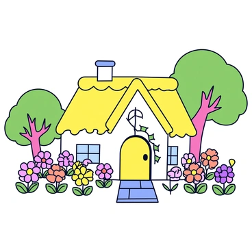 A charming cottage with a thatched roof and whitewashed walls. The cottage features a small front door framed by climbing ivy. In front of the cottage, there is a vibrant garden filled with a variety of blooming flowers in shades of pink, yellow, and purple. A small, winding stone path leads through the garden, connecting the cottage to the surrounding landscape. The scene is brightened by the sunlight filtering through the leaves of nearby trees.