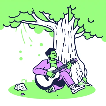 Frankenstein's monster is sitting on a grassy area beneath a large oak tree with a thick trunk and an expansive canopy of leaves. The monster has green skin, visible scars, and wild hair, giving it a distinctive appearance. It is holding a guitar, strumming it with a focused expression. Sunlight filters through the branches of the oak tree, casting dappled shadows on the ground. Nearby, there are a few fallen leaves and small rocks scattered around, adding to the natural setting.