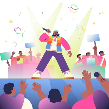 Diljit Dosanjh is on a grand stage, performing energetically with a microphone in hand. He is wearing a stylish outfit that includes a vibrant jacket and pants. Colorful stage lights are illuminating the scene, creating dynamic patterns around him. In the background, a lively crowd is cheering, with hands raised in excitement. Some audience members are holding signs that show their support, while others are dancing to the music, adding to the vibrant atmosphere of the performance.