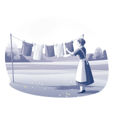 A maid is hanging freshly washed clothes on a clothesline in a countryside yard. She is wearing a simple apron and has her hair tied back. The yard is spacious, with a lush green lawn and a few scattered flowers. The clothes are fluttering gently in the breeze, creating a vibrant display against the backdrop of the open sky. In the distance, there are rolling hills and a few trees lining the horizon. The sun is shining brightly, casting soft shadows on the ground.
