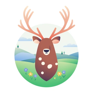 A deer's head with large, majestic antlers is prominently displayed in the center. The deer's fur is a rich brown with light spots, showcasing its natural beauty. Surrounding the deer's head, there is a soft gradient landscape that transitions from lush green grass at the bottom to a soft blue sky at the top. Delicate wildflowers in shades of purple and yellow are scattered around the base of the deer. In the background, gentle rolling hills create a sense of depth, and a few scattered trees can be seen under the clear sky.