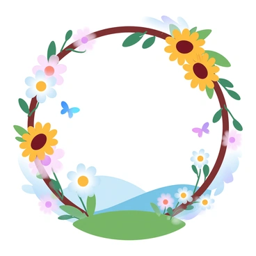 A circular frame made of "vibrant sunflowers" and "daisies" surrounds a "cheerful garden scene." Within the frame, there are various colorful flowers blooming, showcasing a mix of shades like pink, yellow, and purple. The garden has green grass that covers the ground, and small butterflies are fluttering around, adding movement to the scene. In the background, there are soft rolling hills in pastel shades that provide depth and tranquility. The overall composition is bright and inviting, filled with lively elements that celebrate the essence of a garden.