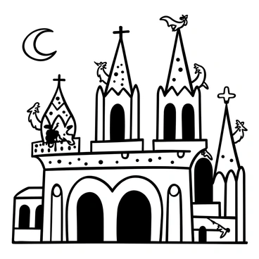 Gargoyles perched on the edge of a gothic cathedral, with intricate stone carvings and detailed architectural elements surrounding them. The gargoyles have various grotesque forms, with some resembling animals and others appearing more abstract. The cathedral features tall spires reaching towards the sky, along with elaborate arches and flying buttresses. Shadows cast by the figures create a dramatic atmosphere, and there's a crescent moon visible in the background.