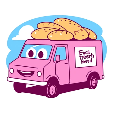 A pink cartoon bread truck is parked with its oversized, golden-brown bread loaves stacked on the roof. The truck has large, expressive eyes on the windshield and a smiling mouth, giving it a whimsical appearance. The bread loaves are various shapes, some resembling baguettes, while others are round and fluffy. The truck's wheels are cartoonishly large and exaggerated, and there is a colorful sticker on the side of the truck displaying the words "Fresh Bread." The background features a bright blue sky with fluffy white clouds.