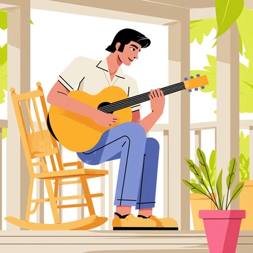A young Elvis Presley with slicked-back black hair is sitting on a wooden porch. He is wearing a light-colored short-sleeved shirt and denim jeans, focused on strumming an acoustic guitar. The porch has wooden railings and is adorned with a few potted plants. Sunlight casts gentle shadows, creating a relaxed atmosphere. A wooden rocking chair is positioned next to him, adding to the cozy vibe of the scene.