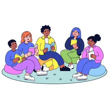 A group of friends sitting in a circle, each holding a book and discussing