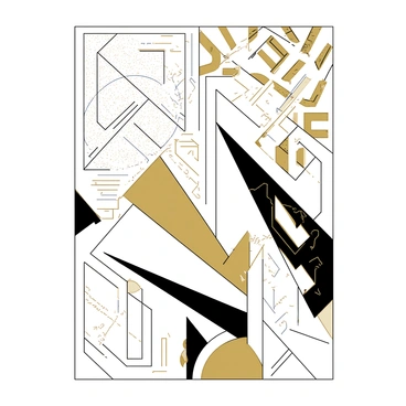 A white marque page features an intricate art deco design filled with various geometric patterns. The patterns include sharp angles and bold lines, creating a sense of sophistication and elegance. Gold accents are used throughout the design, highlighting the edges of the shapes and adding a touch of luxury. The overall composition is balanced, with the geometric elements arranged harmoniously across the page.