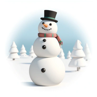 A snowman, constructed from three large snowballs, stands in a winter landscape. The snowman has a black top hat perched on its head, with a colorful red and green scarf wrapped around its neck. Its face features a carrot nose, and its eyes are made of small black stones. The snowman's body is adorned with shiny jingle bells acting as buttons, reflecting light as they catch the winter sun. In the background, snow-covered trees and a clear blue sky complete the scene.