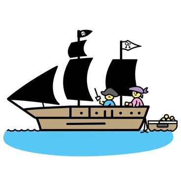A detailed toy playset of a pirate ship, featuring a large ship with black sails and a wooden deck. The ship has multiple levels, including a captain's quarters and a crow's nest. There are two mini-figures: one pirate with a tricorn hat and a cutlass, and another pirate wearing an eyepatch and holding a treasure map. Accessories include a treasure chest overflowing with gold coins, a cannon mounted on the side of the ship, and a small rowboat tied to the back. The playset is arranged on a blue background representing the ocean.