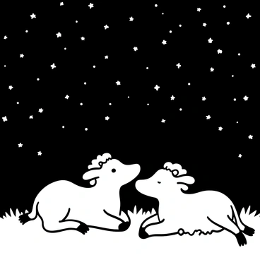 A two-headed calf lying on a grassy patch, with its heads resting on the ground. The calf has a shaggy coat that blends into the earth beneath it. Above, a starry night sky is filled with countless stars twinkling brightly. The stars form a scattering of points across the vastness, creating a serene backdrop. The calf's bodies are side by side, and it gazes up at the stars, capturing the peacefulness of the night.