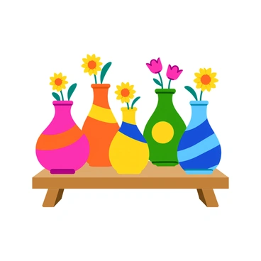A collection of five oddly shaped vases, each with unique contours and designs. The vases are adorned with vibrant, colorful patterns, including swirls, stripes, and polka dots. Cheerful flowers, including daisies, tulips, and sunflowers, are sprouting from each vase, their petals in bright shades of yellow, pink, and blue. The vases are arranged on a simple wooden table, with a soft light illuminating them from the side, highlighting the colors and shapes.