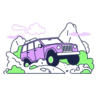 A BMW SUV is driving on an off-road trail through rugged terrain. The SUV has a distinctive design with sharp lines and an aggressive stance, featuring prominent wheels that grip the uneven ground. Dust clouds are kicked up behind the vehicle, swirling in the air as it navigates over rocks and dirt. In the background, there are large boulders and sparse vegetation, indicating the wild landscape. The sky above is clear, allowing sunlight to illuminate the scene and highlight the details of the SUV and surroundings.