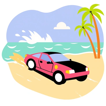 A rally car with a bold red and black design speeds along a golden sandy beach. The car kicks up a spray of sand as it navigates the shoreline. In the background, turquoise waves crash against the shore, creating white foam. A clear blue sky stretches overhead, with a few fluffy white clouds scattered in the distance. Palm trees line the edge of the beach, swaying gently in the warm breeze.